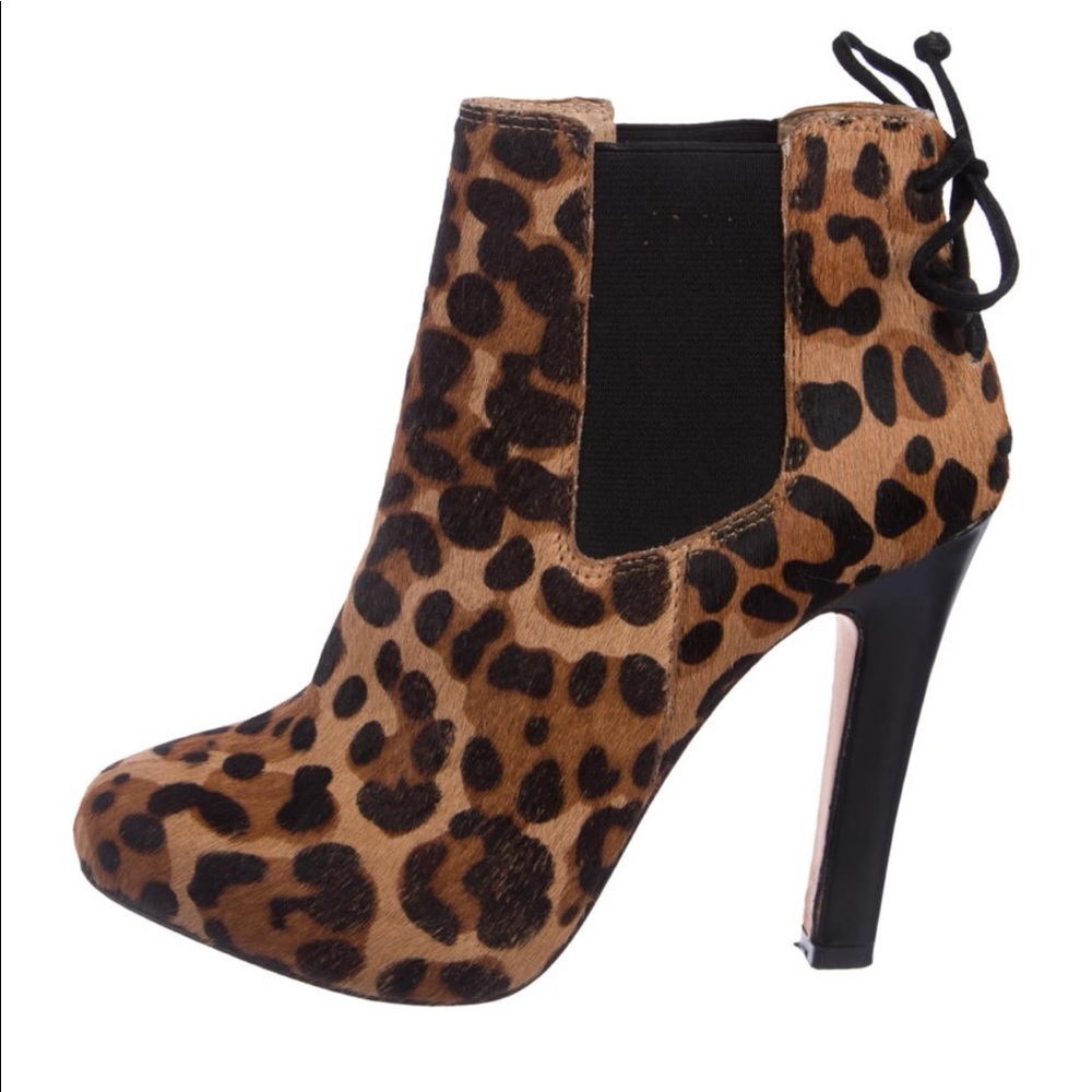 Leopard print pony hair platform DVF booties